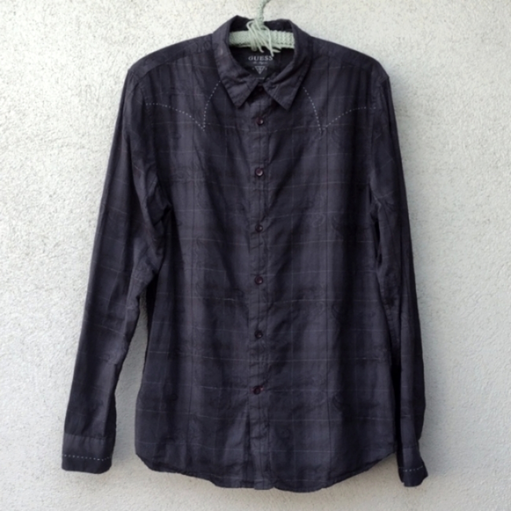 Guess Black Navy Paisley Plaid Western Shirt Men's Large